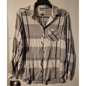 Universal Thread Plaid Button Up Shirt Men's Large Gray White Long Sleeve Casual